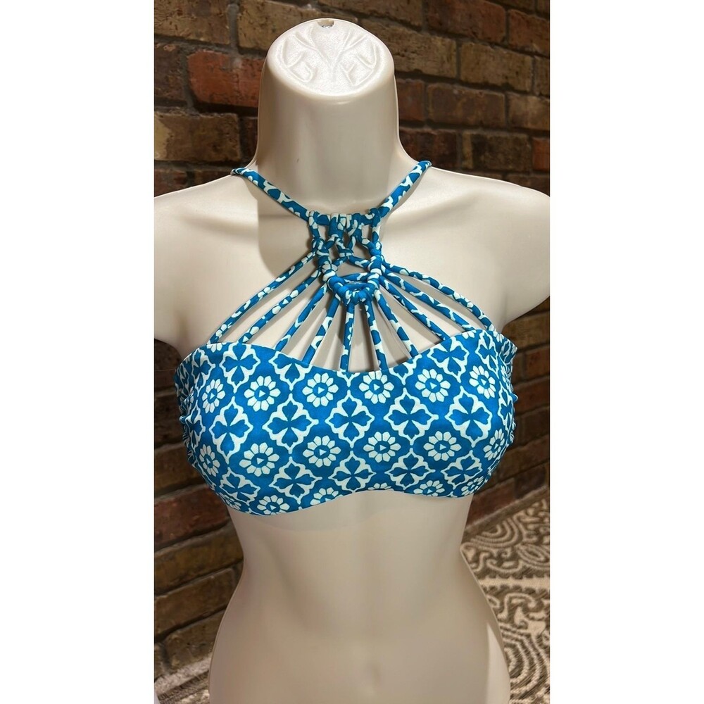 Tori Praver bikini top size large Teal Blue Geometric Design Crochet type